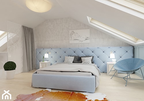 Mieszkanie z antresolą Białystok - Średnia biała niebieska sypialnia na poddaszu na antresoli, styl nowoczesny - zdjęcie od Biuro projektowe Joanna Karwowska
