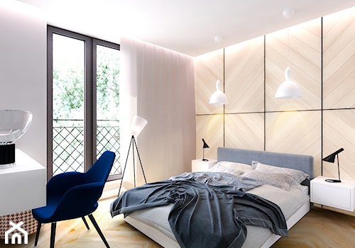 Młynowa - Średnia biała sypialnia z balkonem / tarasem, styl nowoczesny - zdjęcie od Biuro projektowe Joanna Karwowska