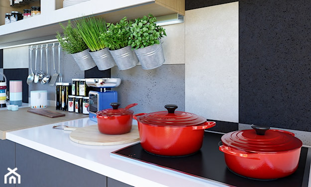 czerwone garnki w nowoczesnej kuchni