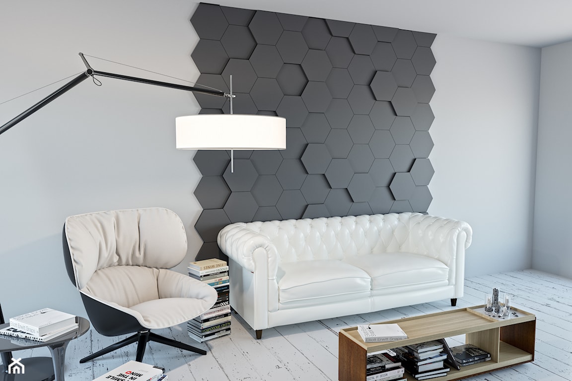 nowoczesny salon, biała sofa, beton architektoniczny na ścianie