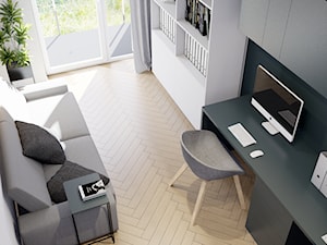 Pomysłowe wnętrze szeregówki - Średnie w osobnym pomieszczeniu z sofą z zabudowanym biurkiem białe niebieskie biuro, styl minimalistyczny - zdjęcie od NUKO STUDIO