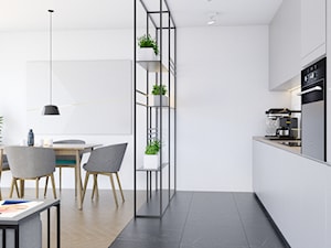 Pomysłowe wnętrze szeregówki - Średnia z salonem biała z zabudowaną lodówką z podblatowym zlewozmywakiem kuchnia jednorzędowa, styl minimalistyczny - zdjęcie od NUKO STUDIO