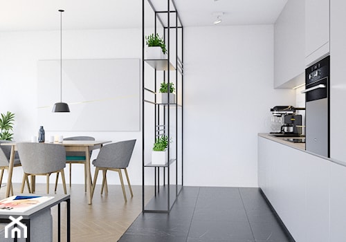 Pomysłowe wnętrze szeregówki - Średnia z salonem biała z zabudowaną lodówką z podblatowym zlewozmywakiem kuchnia jednorzędowa, styl minimalistyczny - zdjęcie od NUKO STUDIO