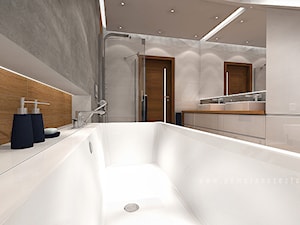 Łazienka na poddaszu - Duża na poddaszu bez okna z lustrem z dwoma umywalkami łazienka, styl skandynawski - zdjęcie od Pomarańcze Studio