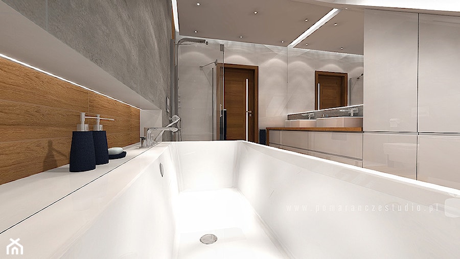 Łazienka na poddaszu - Duża na poddaszu bez okna z lustrem z dwoma umywalkami łazienka, styl skandynawski - zdjęcie od Pomarańcze Studio