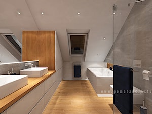 Łazienka na poddaszu - Duża na poddaszu z dwoma umywalkami z punktowym oświetleniem łazienka z oknem, styl skandynawski - zdjęcie od Pomarańcze Studio