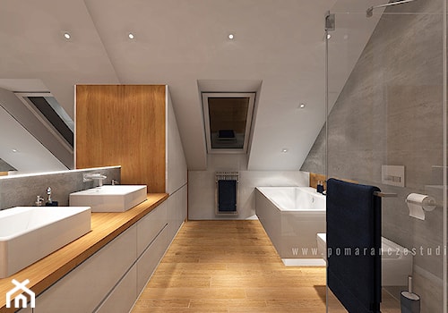 Łazienka na poddaszu - Duża na poddaszu z dwoma umywalkami z punktowym oświetleniem łazienka z oknem, styl skandynawski - zdjęcie od Pomarańcze Studio