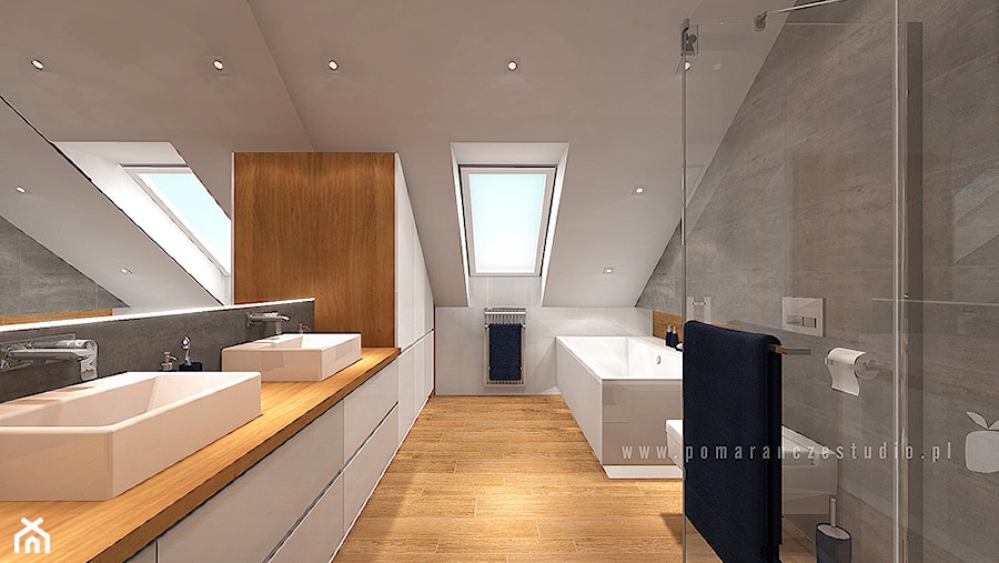 Łazienka na poddaszu - Duża na poddaszu z dwoma umywalkami z punktowym oświetleniem łazienka z oknem, styl minimalistyczny - zdjęcie od Pomarańcze Studio
