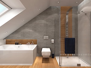 Łazienka na poddaszu - Średnia na poddaszu z punktowym oświetleniem łazienka z oknem, styl nowoczesny - zdjęcie od Pomarańcze Studio