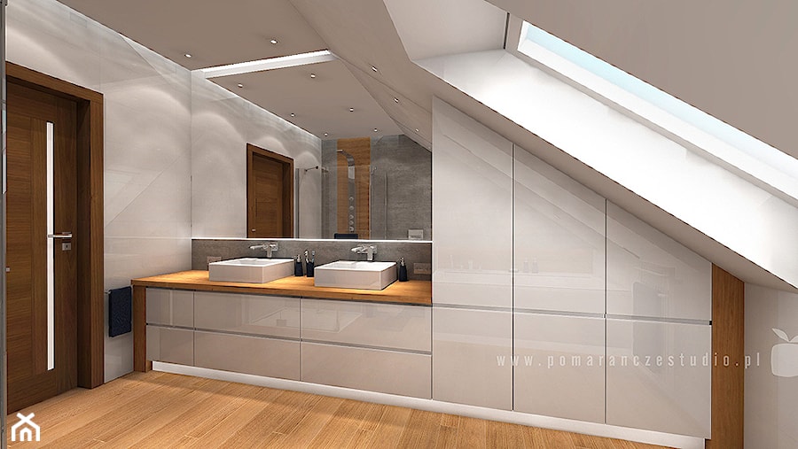 Łazienka na poddaszu - Duża na poddaszu z dwoma umywalkami łazienka z oknem - zdjęcie od Pomarańcze Studio