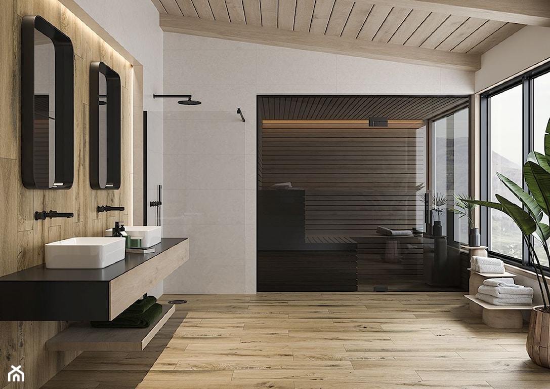 minimalistyczna łazienka z płytkami drewnopodobnymi