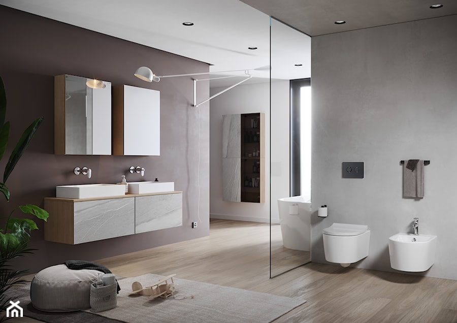 Inverto - Duża z dwoma umywalkami z punktowym oświetleniem łazienka z oknem, styl skandynawski - zdjęcie od Cersanit