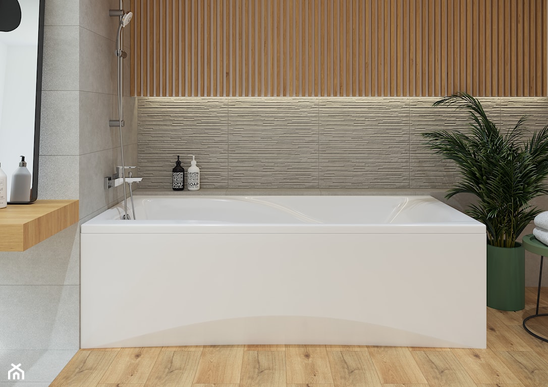 łazienka w stylu skandynawskim z drewnopodobnymi płytkami i wanną w zabudowie