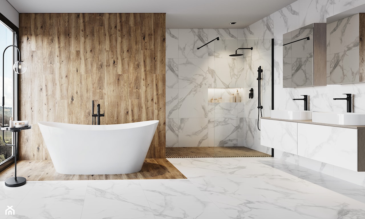 Biała marmurowa łazienka z wanną wolnostojącą Zen marki Cersanit