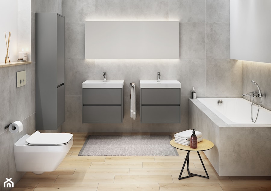 Crea - Średnia bez okna z lustrem z dwoma umywalkami łazienka, styl minimalistyczny - zdjęcie od Cersanit