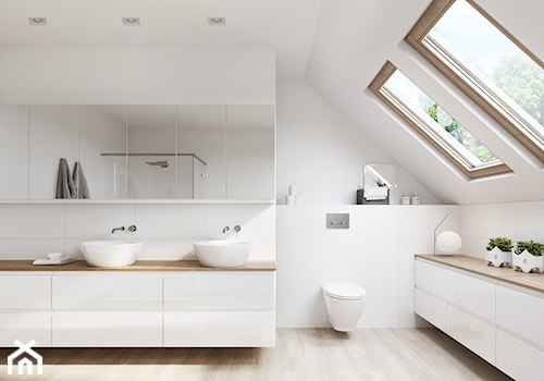 Kolekcja MODUO - Średnia na poddaszu z lustrem z dwoma umywalkami z punktowym oświetleniem łazienka z oknem, styl skandynawski - zdjęcie od Cersanit