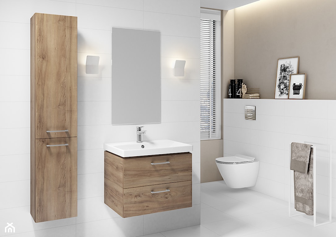 drewniane meble łazienkowe, łazienka w stonowanych kolorach