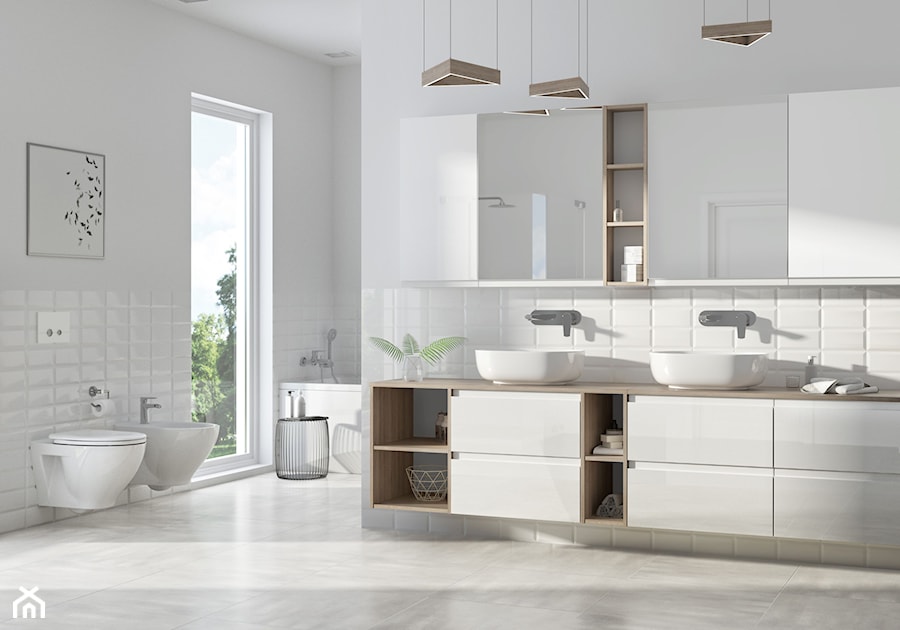 Kolekcja MODUO - Duża z dwoma umywalkami łazienka z oknem, styl skandynawski - zdjęcie od Cersanit