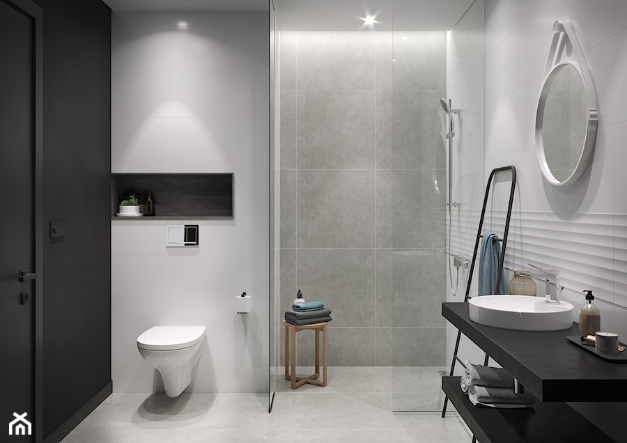 Stelaże AQUA - Średnia bez okna z lustrem z punktowym oświetleniem łazienka, styl industrialny - zdjęcie od Cersanit
