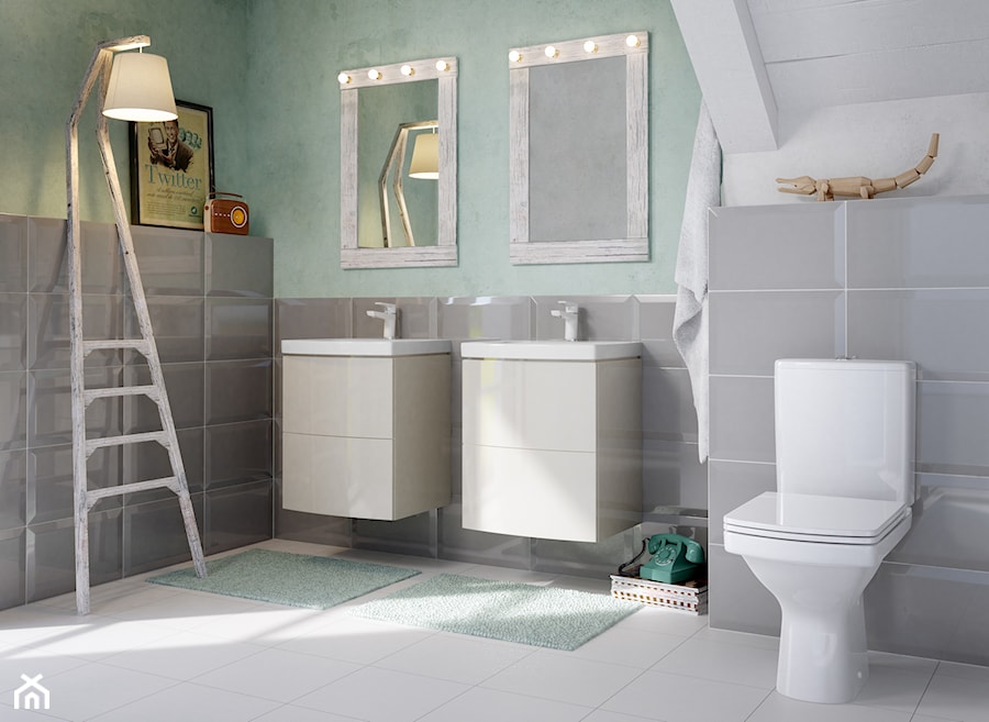 Easy - Średnia na poddaszu bez okna z dwoma umywalkami łazienka, styl vintage - zdjęcie od Cersanit