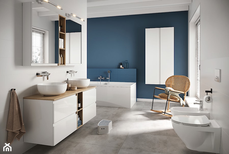Kolekcja MODUO - Duża z dwoma umywalkami łazienka z oknem, styl skandynawski - zdjęcie od Cersanit