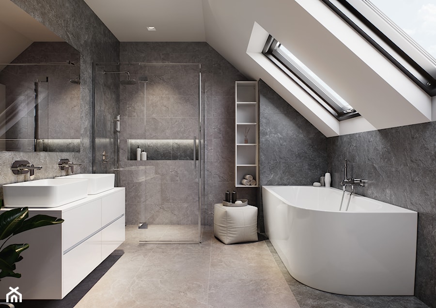 Crea - Duża jako pokój kąpielowy z lustrem z dwoma umywalkami z punktowym oświetleniem łazienka z oknem, styl minimalistyczny - zdjęcie od Cersanit