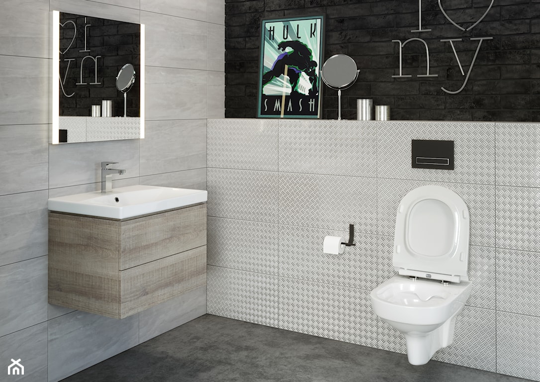 łazienka w stylu nowoczesnym, betonowa podłoga, lustro ścienne z podświetleniem, plakat hulka