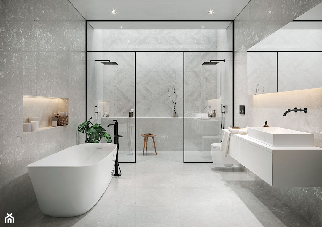 minimalistyczna łazienka z wielkoformatowymi płytkami z błyszczącym motywem