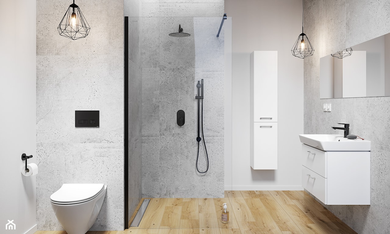 nowoczesna łazienka, łazienka z prysznicem, szara łazienka z drewnem