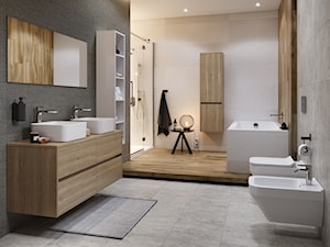 Crea - Duża z dwoma umywalkami z punktowym oświetleniem łazienka, styl skandynawski - zdjęcie od Cersanit