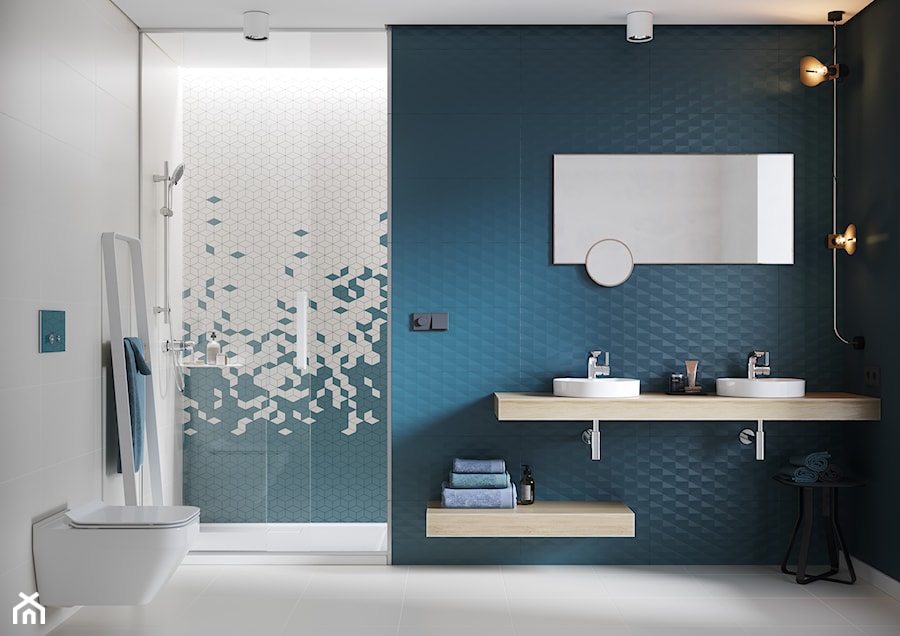 Colour Blink - Średnia z lustrem z dwoma umywalkami z punktowym oświetleniem łazienka z oknem, styl nowoczesny - zdjęcie od Cersanit