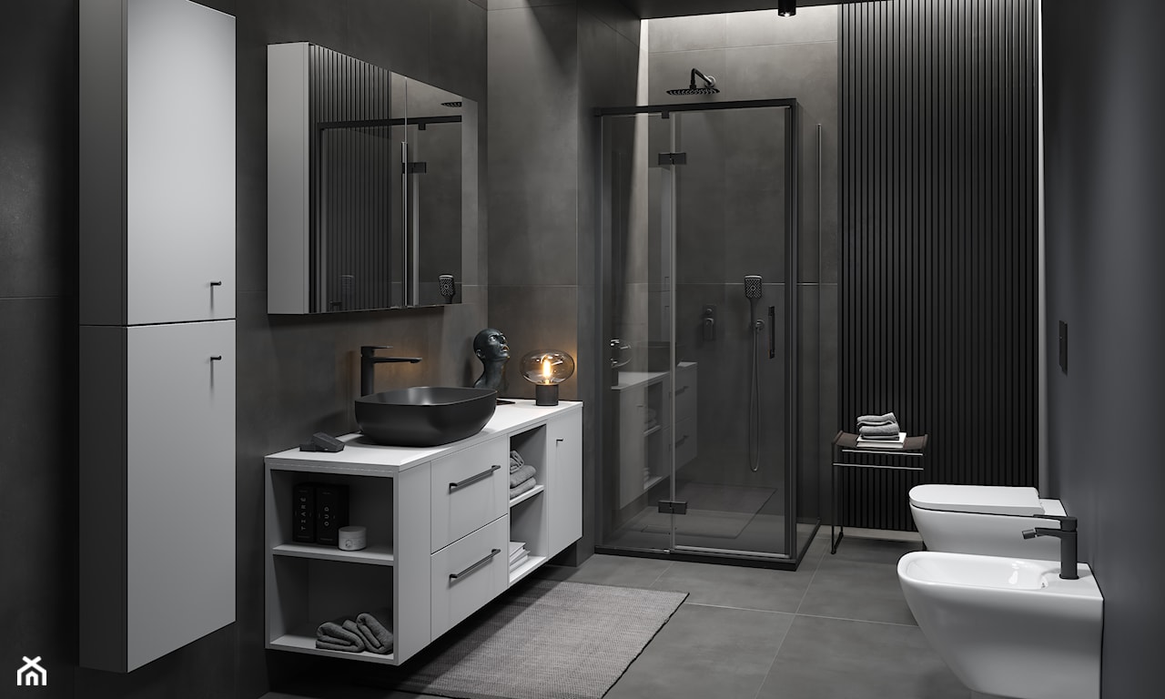 minimalistyczna łazienka, łazienka biało-czarna