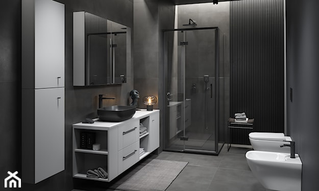 czarna łazienka, minimalistyczna łazienka