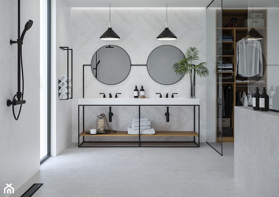 Rest - Duża z dwoma umywalkami łazienka z oknem, styl skandynawski - zdjęcie od Cersanit