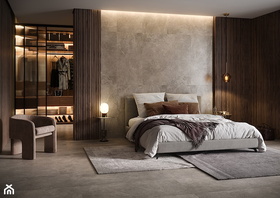 Pure Stone - Duża brązowa szara sypialnia z garderobą, styl minimalistyczny - zdjęcie od Cersanit