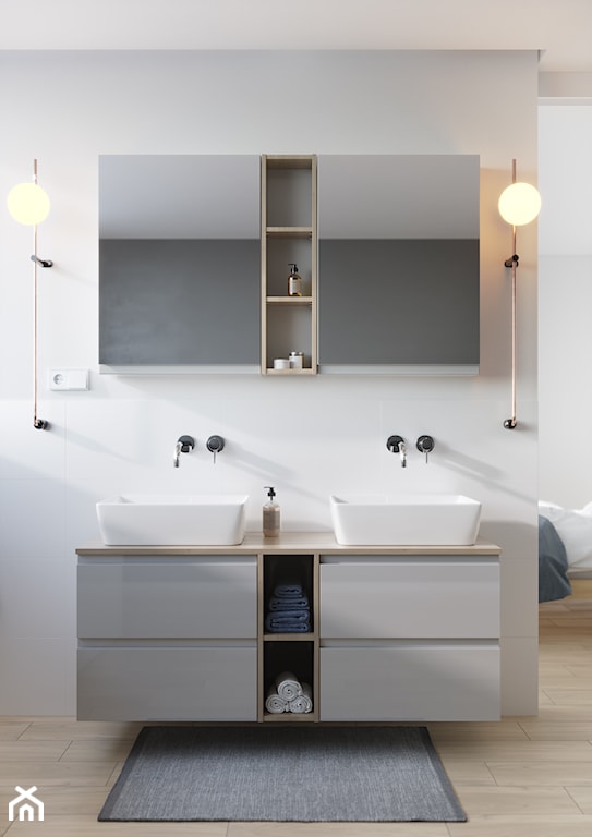 szare meble modułowe do łazienki, łazienka w stylu skandynawskim