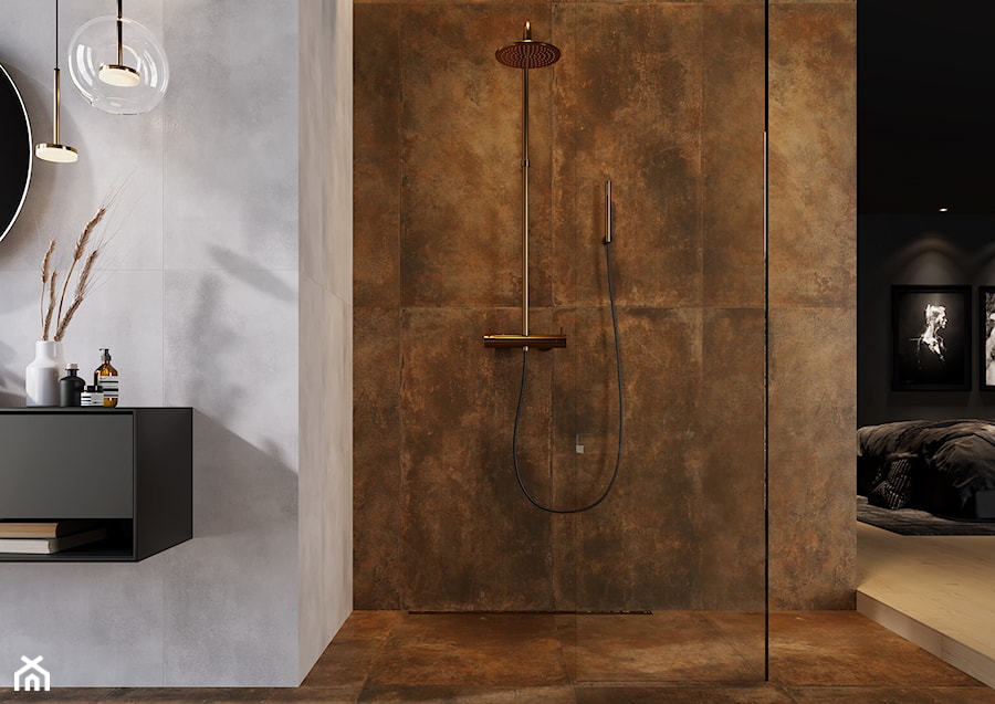 Rusty - Duża z lustrem z punktowym oświetleniem łazienka z oknem, styl rustykalny - zdjęcie od Cersanit