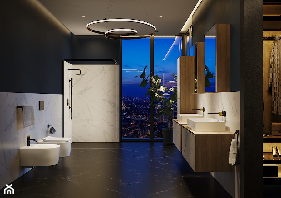 Inverto - Duża jako pokój kąpielowy z dwoma umywalkami z marmurową podłogą z punktowym oświetleniem łazienka z oknem, styl glamour - zdjęcie od Cersanit