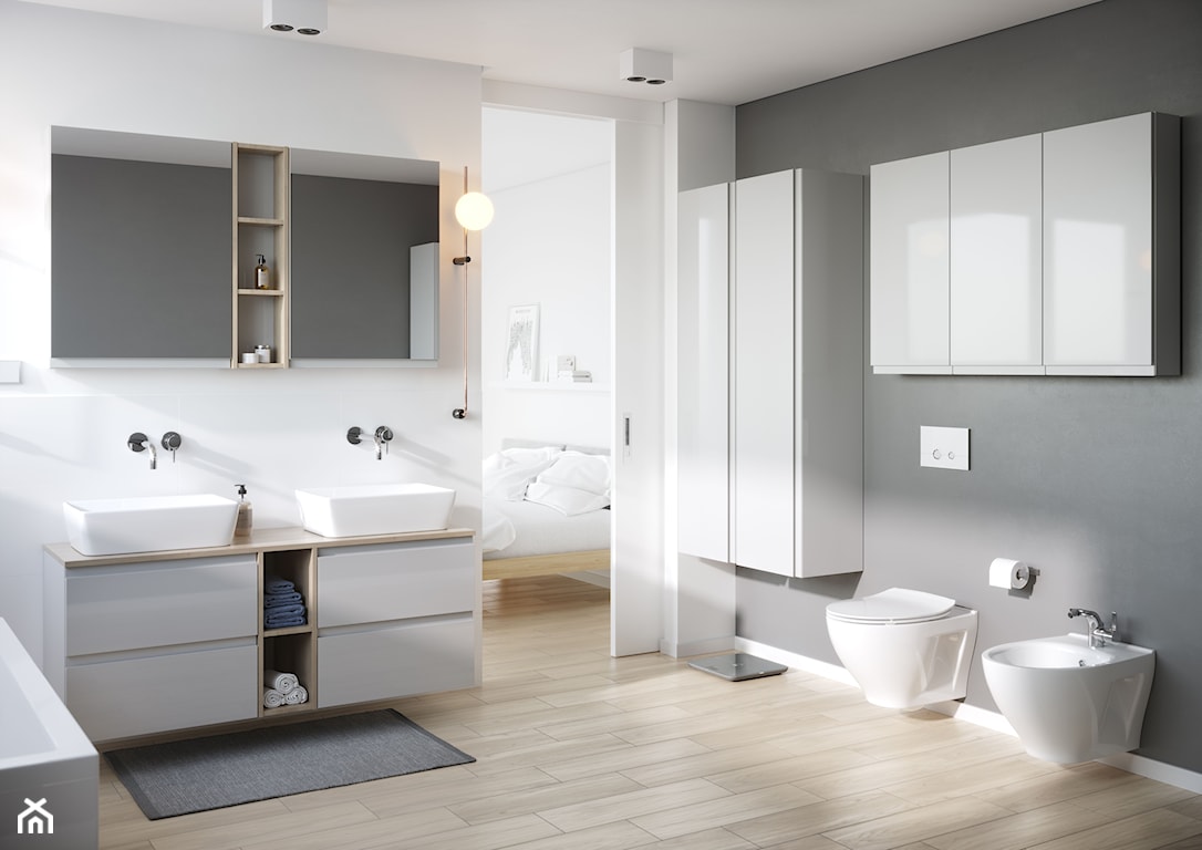 biało-szara łazienka, biel i drewno w łazience, białe meble modułowe do łazienki
