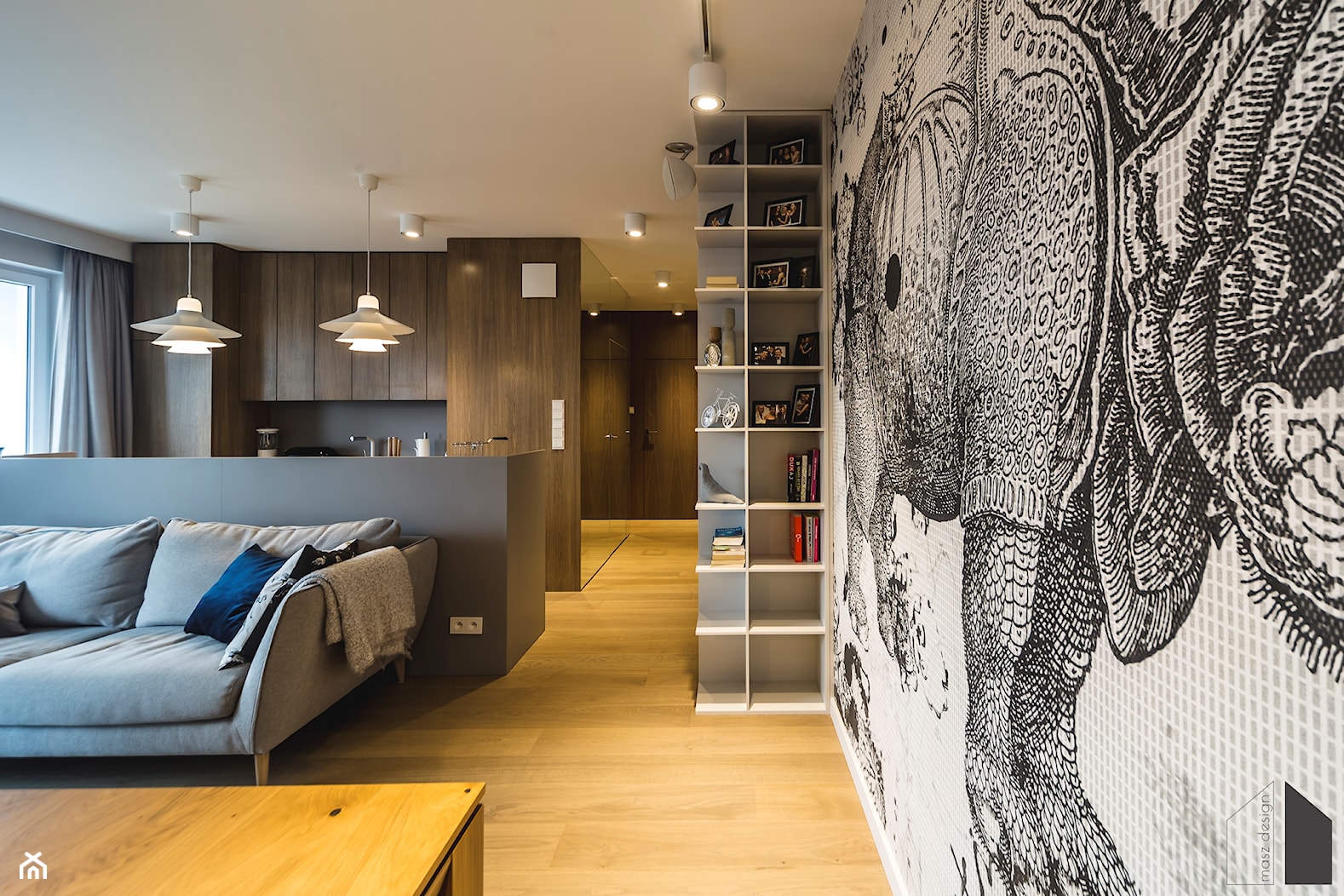 Mieszkanie inwestycja Awiator Gdańsk - Średni szary salon z kuchnią - zdjęcie od masz design Magdalena Szwedowska - Homebook