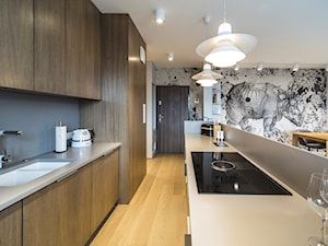 Mieszkanie inwestycja Awiator Gdańsk - Średnia otwarta szara z zabudowaną lodówką z lodówką wolnostojącą z podblatowym zlewozmywakiem kuchnia dwurzędowa - zdjęcie od masz design Magdalena Szwedowska