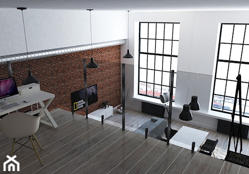 Loft 170 m2 - Berlin - Duży biały salon z jadalnią z antresolą, styl industrialny - zdjęcie od WhitePlanepl