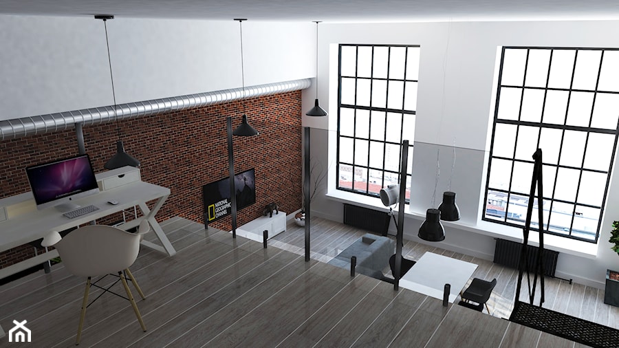 Loft 170 m2 - Berlin - Duży biały salon z jadalnią z antresolą, styl industrialny - zdjęcie od WhitePlanepl