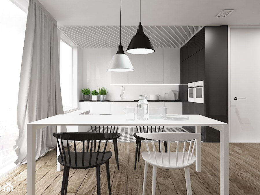 Apartament w Gdyni - Duża biała czarna jadalnia w kuchni, styl industrialny - zdjęcie od I&W pracownia