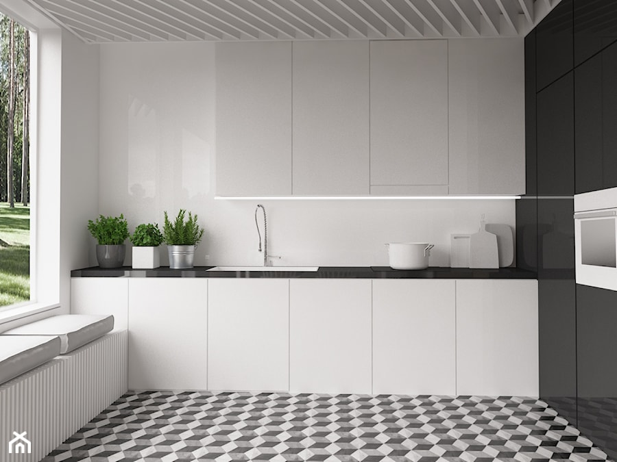 Apartament w Gdyni - Średnia biała z zabudowaną lodówką z podblatowym zlewozmywakiem kuchnia w kształcie litery l, styl minimalistyczny - zdjęcie od I&W pracownia
