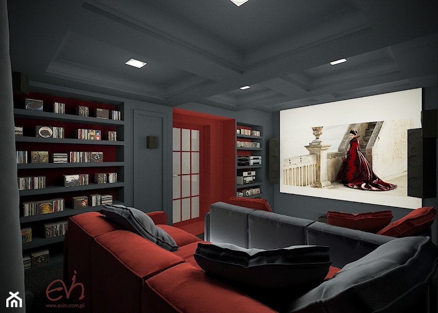 Domowe kino - Średni czerwony szary salon z bibiloteczką, styl nowoczesny - zdjęcie od Evin
