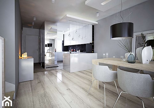 Średnia otwarta z salonem szara z zabudowaną lodówką kuchnia w kształcie litery g, styl skandynawski - zdjęcie od TissuArchitecture