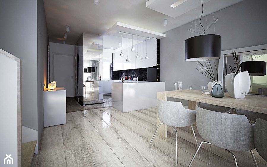 Średnia otwarta z salonem szara z zabudowaną lodówką kuchnia w kształcie litery g, styl skandynawski - zdjęcie od TissuArchitecture