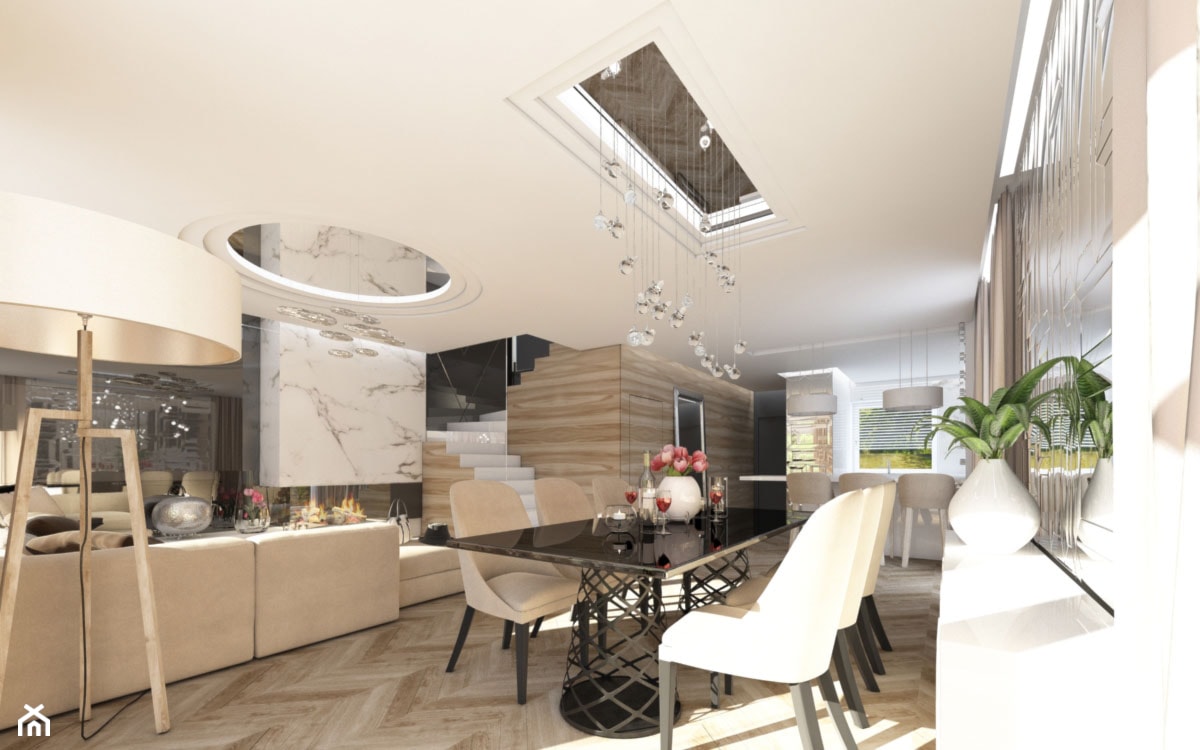 LUXURIOUS STYLE – WILLA W JAROSZOWEJ WOLI 180 m2 - Duża beżowa biała jadalnia w salonie, styl nowoczesny - zdjęcie od TissuArchitecture - Homebook