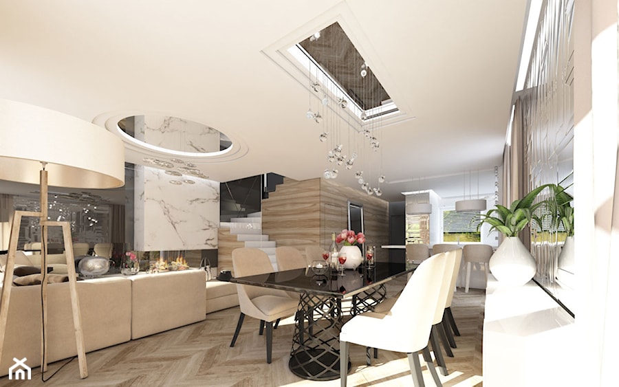 LUXURIOUS STYLE – WILLA W JAROSZOWEJ WOLI 180 m2 - Duża beżowa biała jadalnia w salonie, styl nowoczesny - zdjęcie od TissuArchitecture